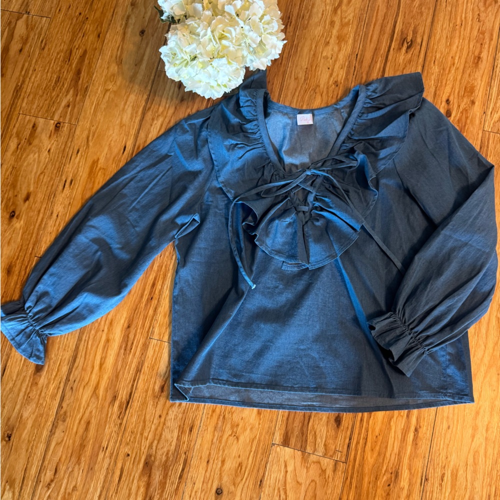 NWOT Blue Ruffled Long Sleeve Blouse